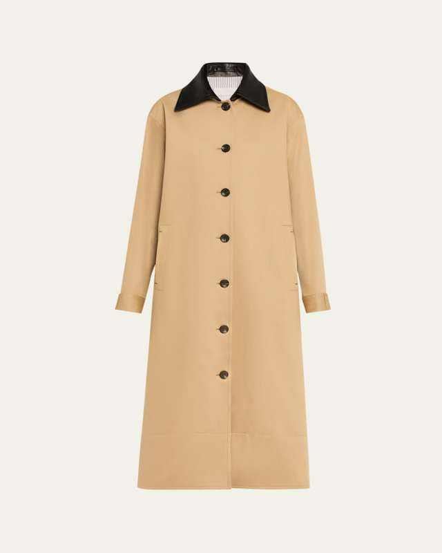 Leather-Collar A-Line Long Swing Coat